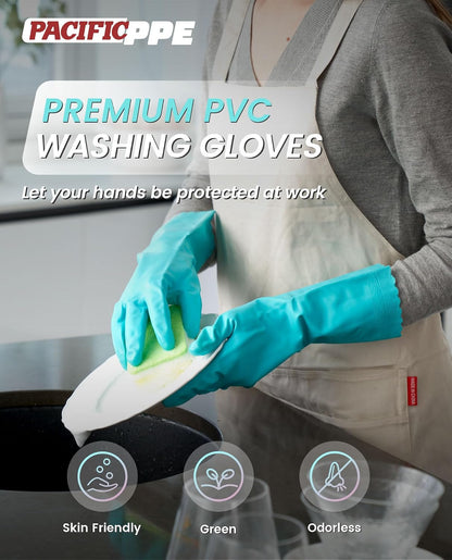 PACIFIC PPE 2 Pairs Reusable Dishwashing Cleaning Gloves with Latex Free, Cotton Lining, Kitchen Gloves, Blue, Medium