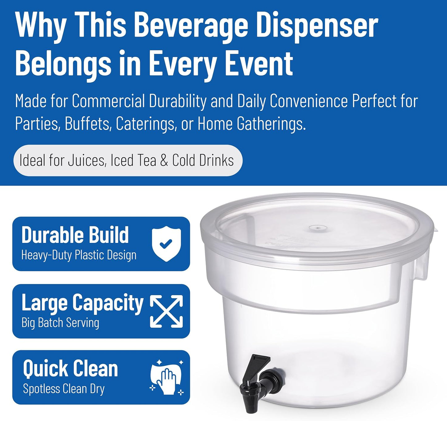 Carlisle FoodService Products Round Beverage Dispenser, Durable Drink Dispenser with Spigot and Sturdy Base for Catering, Events, and Parties, Plastic, 5 Gallons, Black