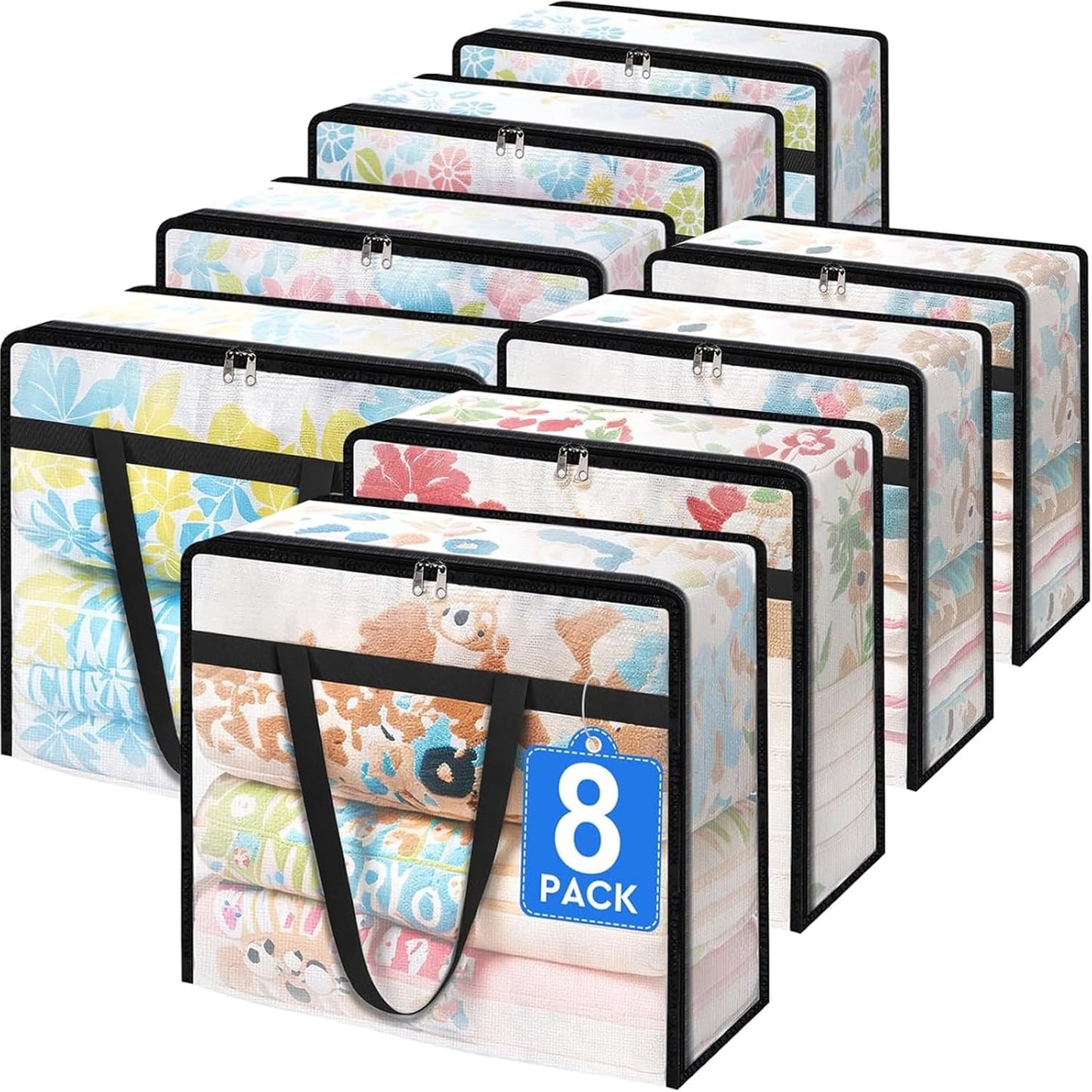 BlissTotes 4 Pack Clear Clothes Storage Bags, Moving Bags, Foldable Blanket Storage Under Bed Storage Containers with Sturdy Zipper and Handle for Clothing, Comforter, Bedding, Sheet (40L)
