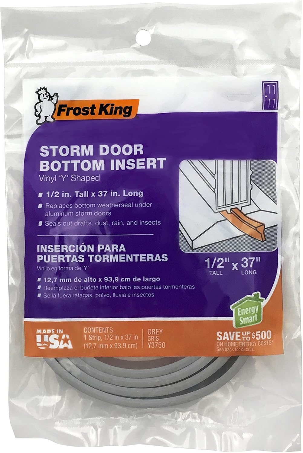 Thermwell Y3750 1/2-Inch x 37-Inch Vinyl "Y" Shaped Storm Door Bottom Replacement Insert For Aluminum Storm Doors, Gray