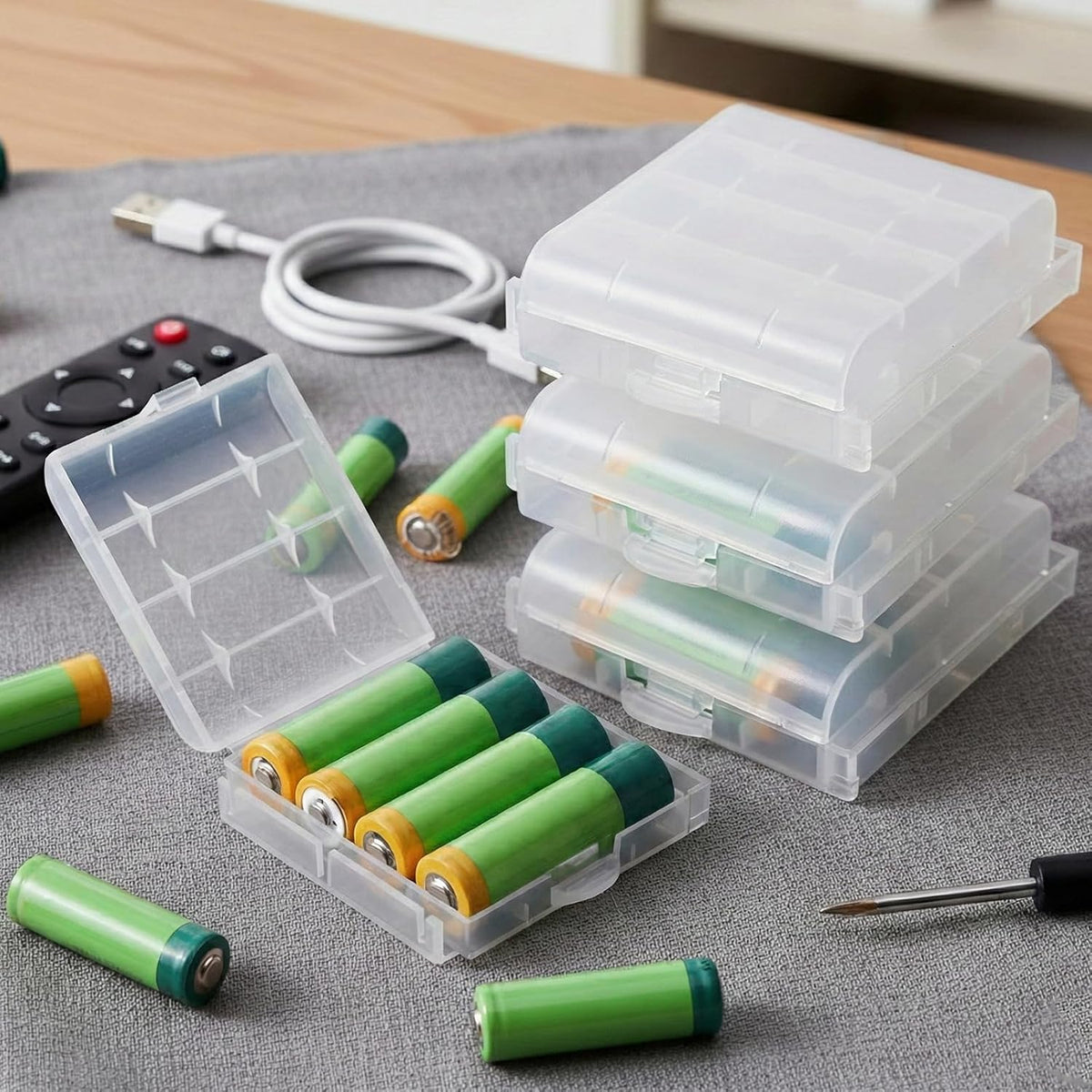 Skrfren 4 pcs AA/AAA Battery Organizer Storage Case, Clear Battery Holder Case Small Batteries Organizer for Drawer