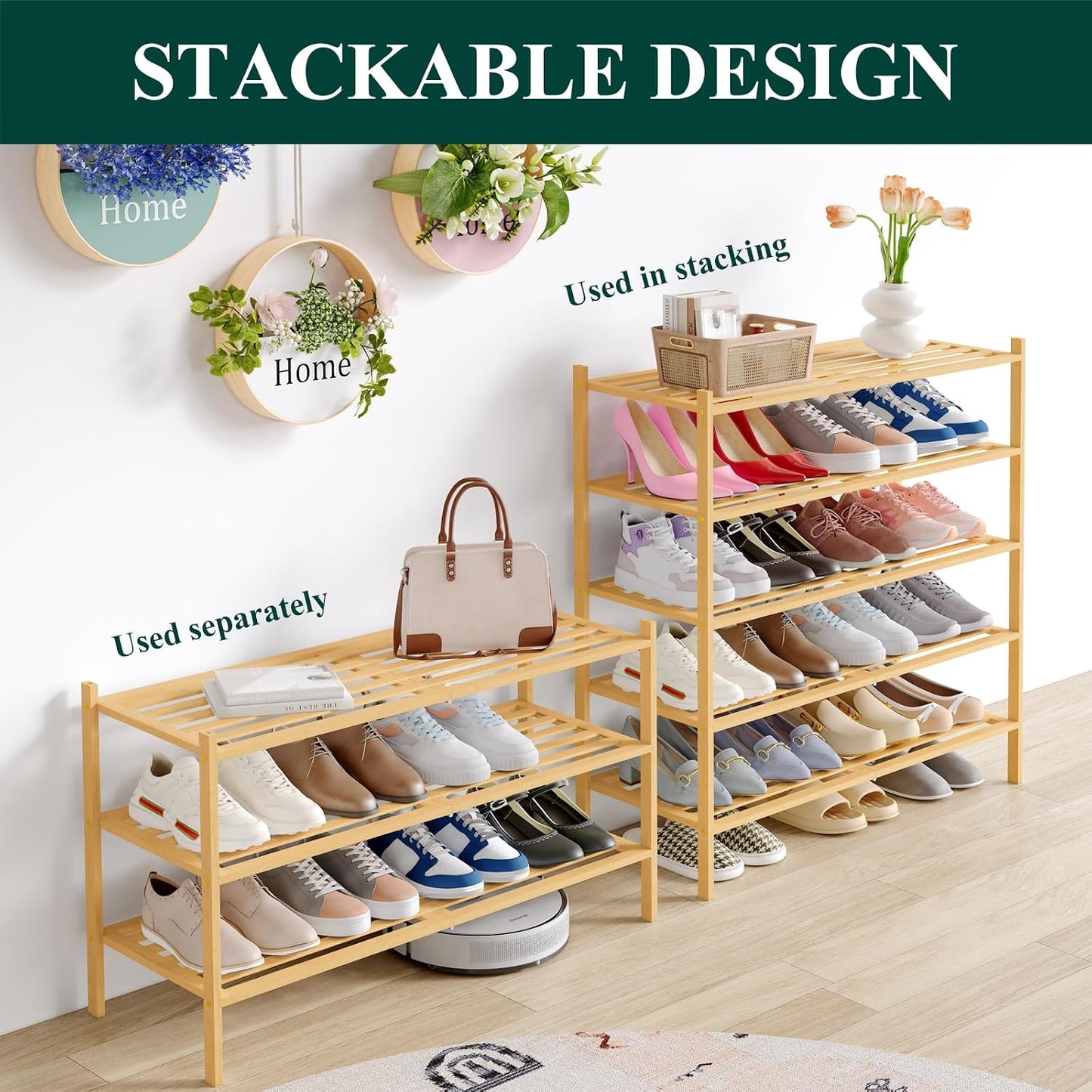 Smiry Bamboo Shoe Rack, 3 Tier Free Standing Wooden Shoe Organizer, Stackable Wood Shoe Storage Shelf for Closet, Entryway, 5 Horizontal Slats, 26.8"x11"x18.3", Natural