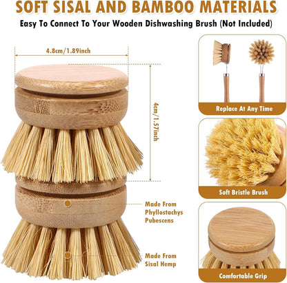 Bamboo Dish Brush - 6 Replacement Heads, Soft Sisal Bristle Scrubber, Brush for Kitchen Cleaning