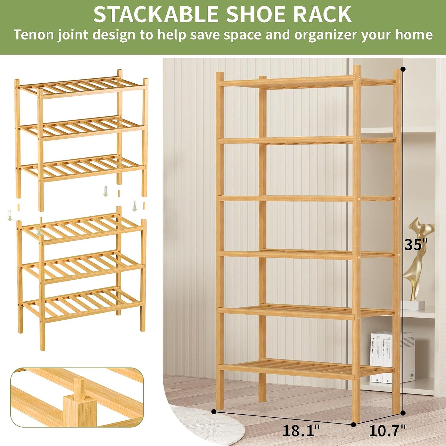 ROMGUAR CRAFT 3 Tier Bamboo Shoe Rack for Closet Free Standing Wood Shoe Shelf Storage Organizer for Entryway Small Space Stackable 27"x11"x20" (Natural)