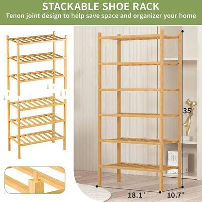 ROMGUAR CRAFT 3 Tier Bamboo Shoe Rack for Closet Free Standing Wood Shoe Shelf Storage Organizer for Entryway Small Space Stackable 27"x11"x20" (Natural)
