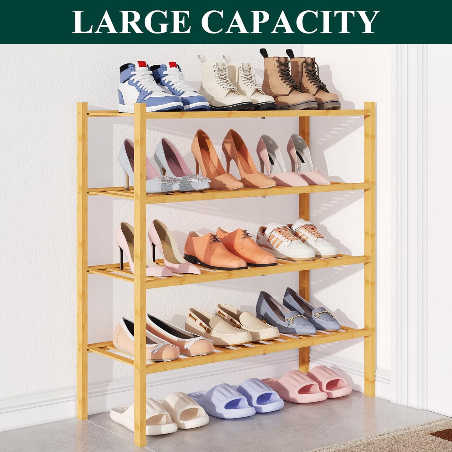 Smiry Bamboo Shoe Rack for Closet, 3 Tier Wooden Shoe Organizer, Stackable Wood Shoe Storage Shelf for Entryway, 14 Vertical Slats, One-piece Heavy-Duty Legs, 26.77"x11.02"x18.31", Natural