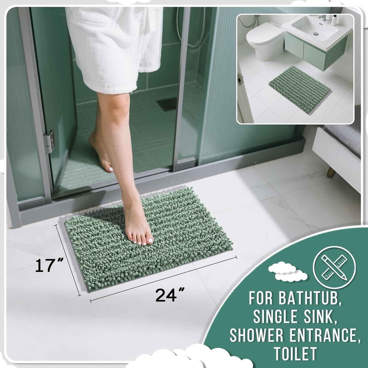Yimobra Bathroom Rugs Non Slip Washable - Ultra Soft Absorbent Chenille Bath Mat, Quick Dry Shaggy Floor Carpet for Tub Shower, Gray Home Decor Accessories, 24x17 Inch