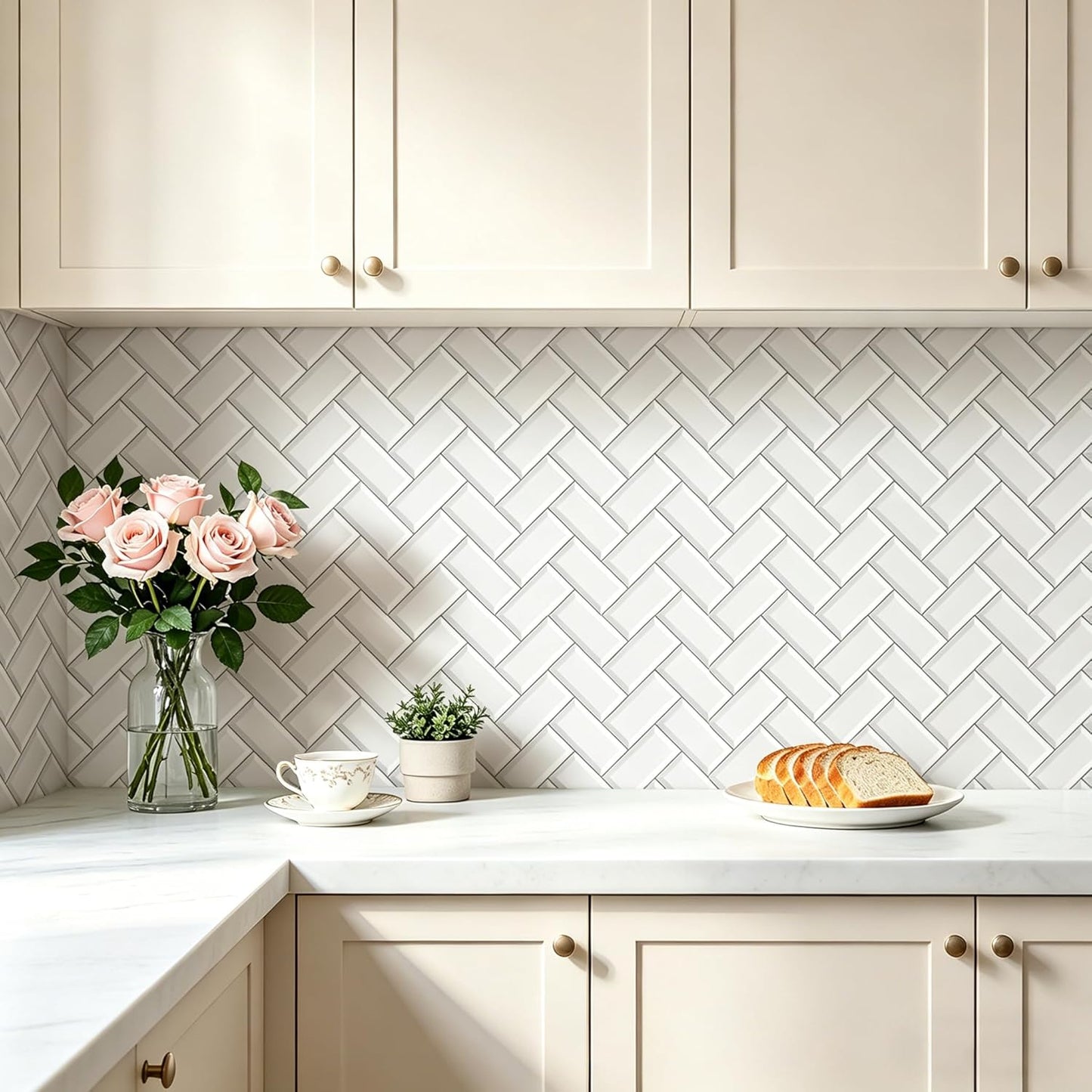 FunStick White Kitchen Wallpaper Peel and Stick Waterproof Herringbone Backsplash Wall Paper for Kitchen Bathroom Tile Wallpaper Removable White Contact Paper Peel and Stick for Cabinets 17.5"x118"