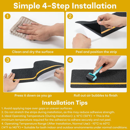 10 Pack 6” x 30” Anti Slip Traction Treads with Glow in The Dark Stripe, Outdoor Waterproof Non Skid Pre-Cut Tape with Roller, High Traction Friction Abrasive Adhesive for Stairs Step