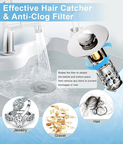 QYHNYJF Bathroom Sink Stopper with Hair Catcher – Universal Pop-Up Drain Strainer for 1.1–1.5 inch US Standard Sink Drain Holes, Anti-Clog Basin Stopper, Silver