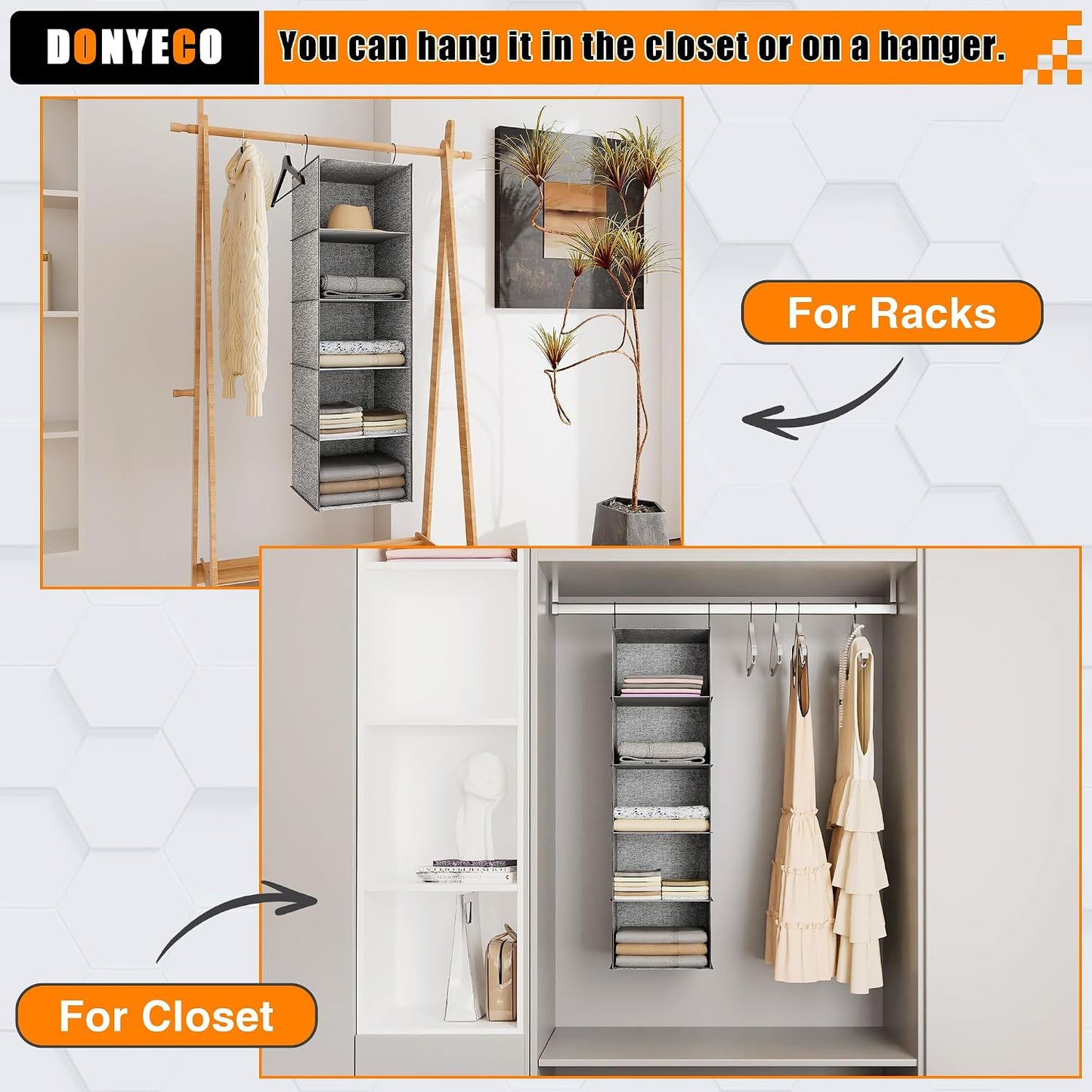 Hanging Closet Organizer 3-Shelf, Oxford Fabric Wardrobe Storage, Gray | Easy-mount foldable design holds clothes, handbags, shoes & accessories; washable Oxford fabric, sturdy and space-saving.