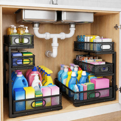 3-Tier Under Sink Organizer 2-Pack Thickened Metal Pull out Cabinet Shelf Height Adjustable Slide Out Drawer Storage Rack for Bathroom Kitchen Pantry Laundry Home Office Organization (Black)