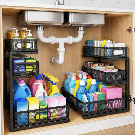 3-Tier Under Sink Organizer 2-Pack Thickened Metal Pull out Cabinet Shelf Height Adjustable Slide Out Drawer Storage Rack for Bathroom Kitchen Pantry Laundry Home Office Organization (Black)