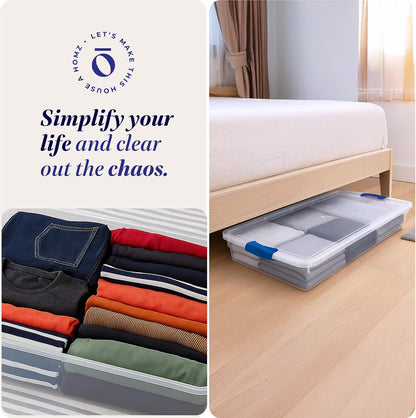 HOMZ 2-Pack Under Bed Storage, Clear Plastic Containers with Lids, 60 Quart, Gray Latch - Stackable Underbed Organizer Bins for Shoes, Bags, Clothes, and Towels