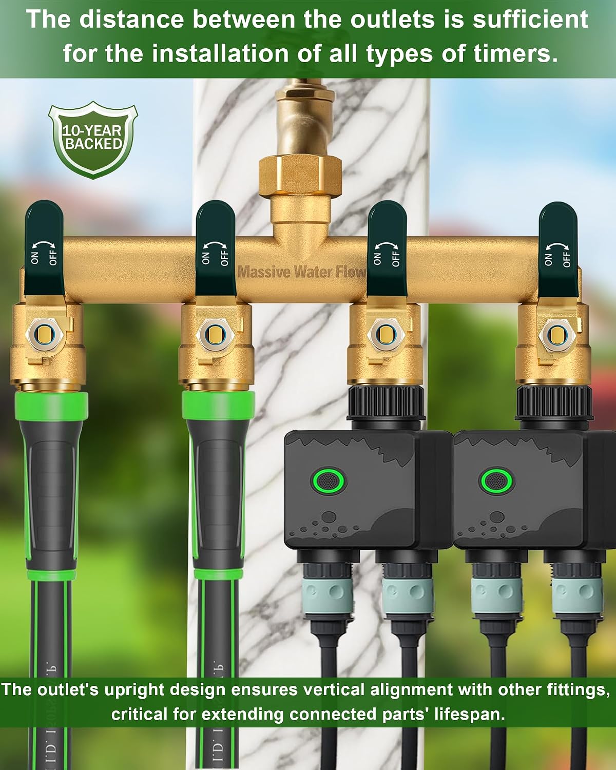 4 Way Hose Splitter, Heavy Duty Full Flow Garden Water Hose Bib Spigot Splitter, Brass Rust and Freeze Resistant Outdoor Faucet Splitter, T Adapter Connector with 3/4 - Inch GHT Thread （Black）