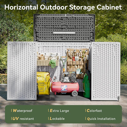 AOXUN Horizontal Storage Sheds 21 Cu.ft, HDPE Outdoor Storage Box 160 Gallon, Waterproof Lockable Resin Deck Box with Spring-Assisted Lid, Patio Storage for Garden, Pool, Cushions, Tools, White