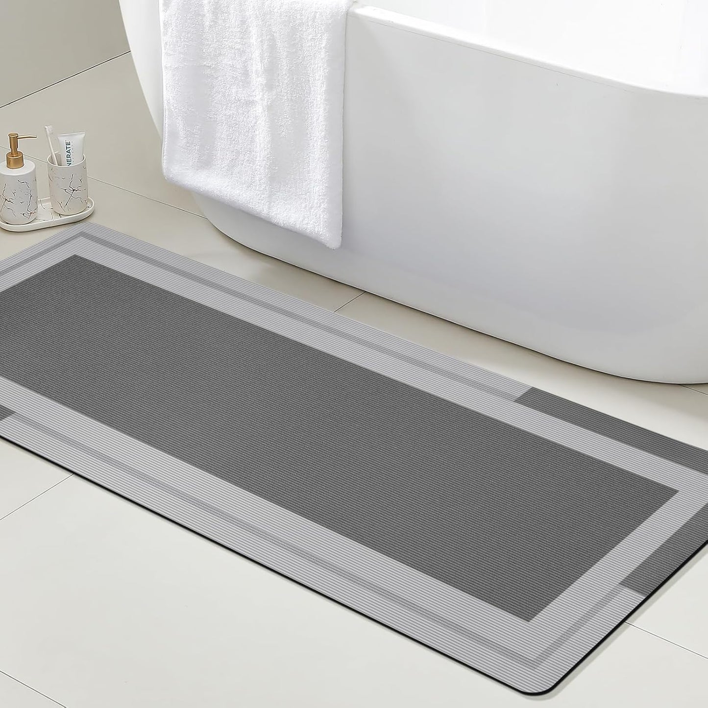 ACCUMTEK Non Slip Bath Mat, Thin Bathroom Rugs Fit Under Door, Quick Dry Bath Mats, Machine Washable Bath Rugs for Bathroom, Bathtub & Kitchen, Grey/Bordered/24 x17