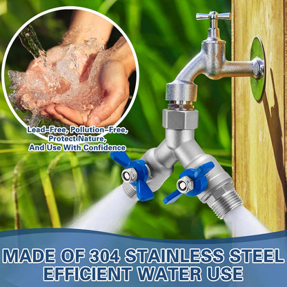304 Stainless Steel Garden Hose Splitter 2 Way, Heavy Duty 3/4" GHT Y Hose Splitter with Shut-Off Valves, Full Flow Outdoor Faucet Connector with Wrench