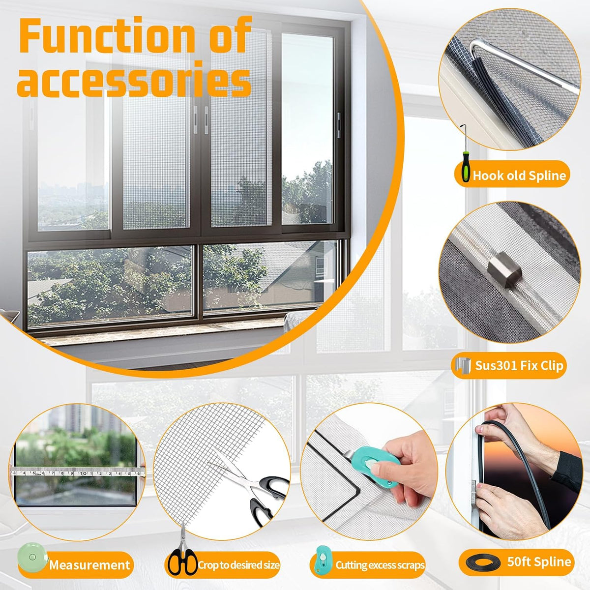 Window Screen Replacement,Screen Door Repair Kit, 48"x178" Black Window Screen Mesh,Including 50 FT Splines+Hooks+2 Rollers+8 Clips+Scissors+Knife+Tape Measure,Fully Equipped Window Screen Repair Kit