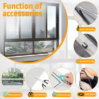 Window Screen Replacement,Screen Door Repair Kit, 48"x178" Black Window Screen Mesh,Including 50 FT Splines+Hooks+2 Rollers+8 Clips+Scissors+Knife+Tape Measure,Fully Equipped Window Screen Repair Kit