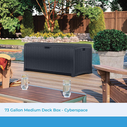 Suncast Outdoor Storage Box - 73 Gallon Mocha Brown Deck Box for Patio, weather-resistant Outdoor Storage Bench, Resin Wicker Style, Heavy-Duty, Lockable Lid for Cushions, Shoes, Pool & Garden Gear