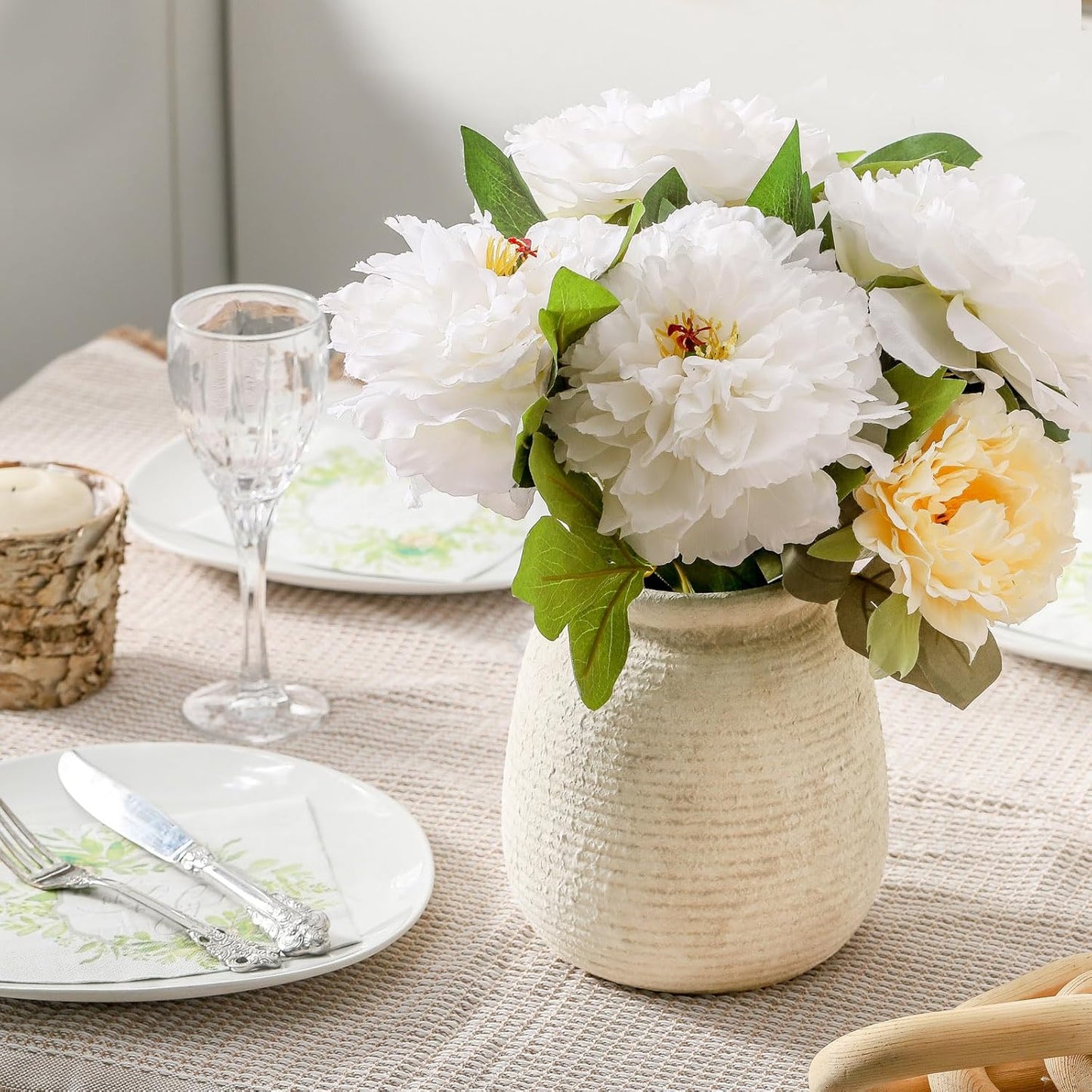 Ceramic Flower Vase, Small Rustic Farmhouse Vases Home Decor, Short Pottery Decorative Pampas Vase for Table Living Room Entryway Mantel Bookshelf Bedroom Bathroom Kitchen - 6" W
