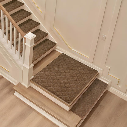 DEXDE Bullnose Stair Treads for Wooden Steps Non-Slip Stair Runner, 14 Pcs | Reusable bullnose carpet Stair Treads Indoor, Peel and Stick Stair Rugs with Edge Protection, Soft Washable, 30"x9.5" Grey
