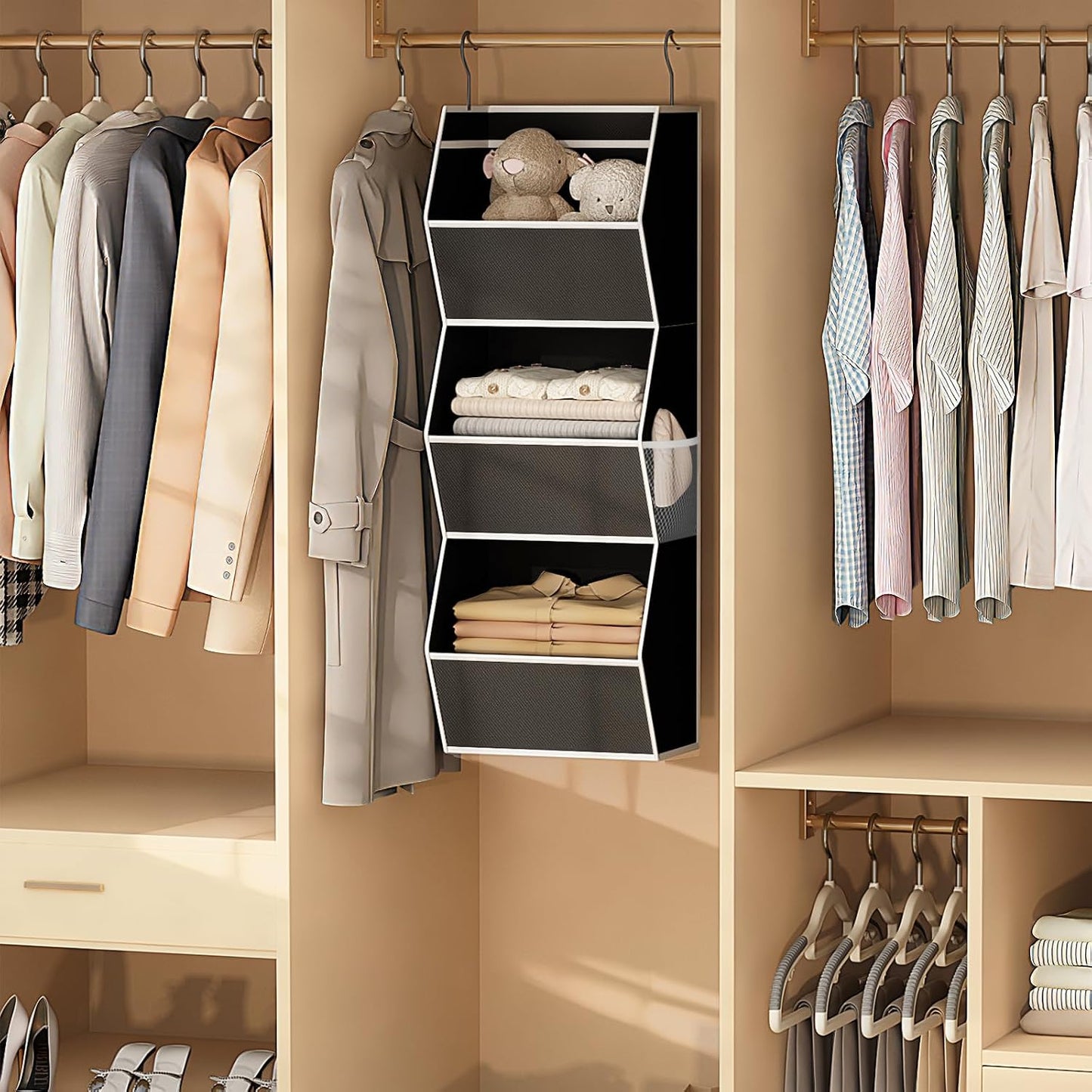 Hanging Closet Organizer 4 Shelf Collapsible Bedroom Closet Organizers and Storage Hanging with Mesh Pockets for Clothes, Fabric Hanging Storage Bins for Wardrobe Closet Organization and Storage, Grey