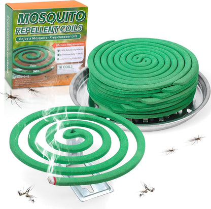 16 Pack Natural Mosquito Coils with 1 Holder & 6 Stands, Long-Lasting Outdoor Mosquito Repellent for Patio, Camping, Yard, Garden, Backyard, 4-5 Hours Burn Time, Effective Citronella Mosquito Killer