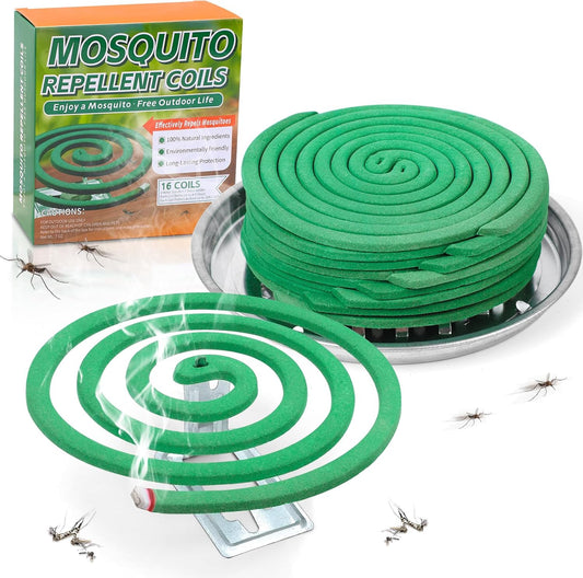 16 Pack Natural Mosquito Coils with 1 Holder & 6 Stands, Long-Lasting Outdoor Mosquito Repellent for Patio, Camping, Yard, Garden, Backyard, 4-5 Hours Burn Time, Effective Citronella Mosquito Killer