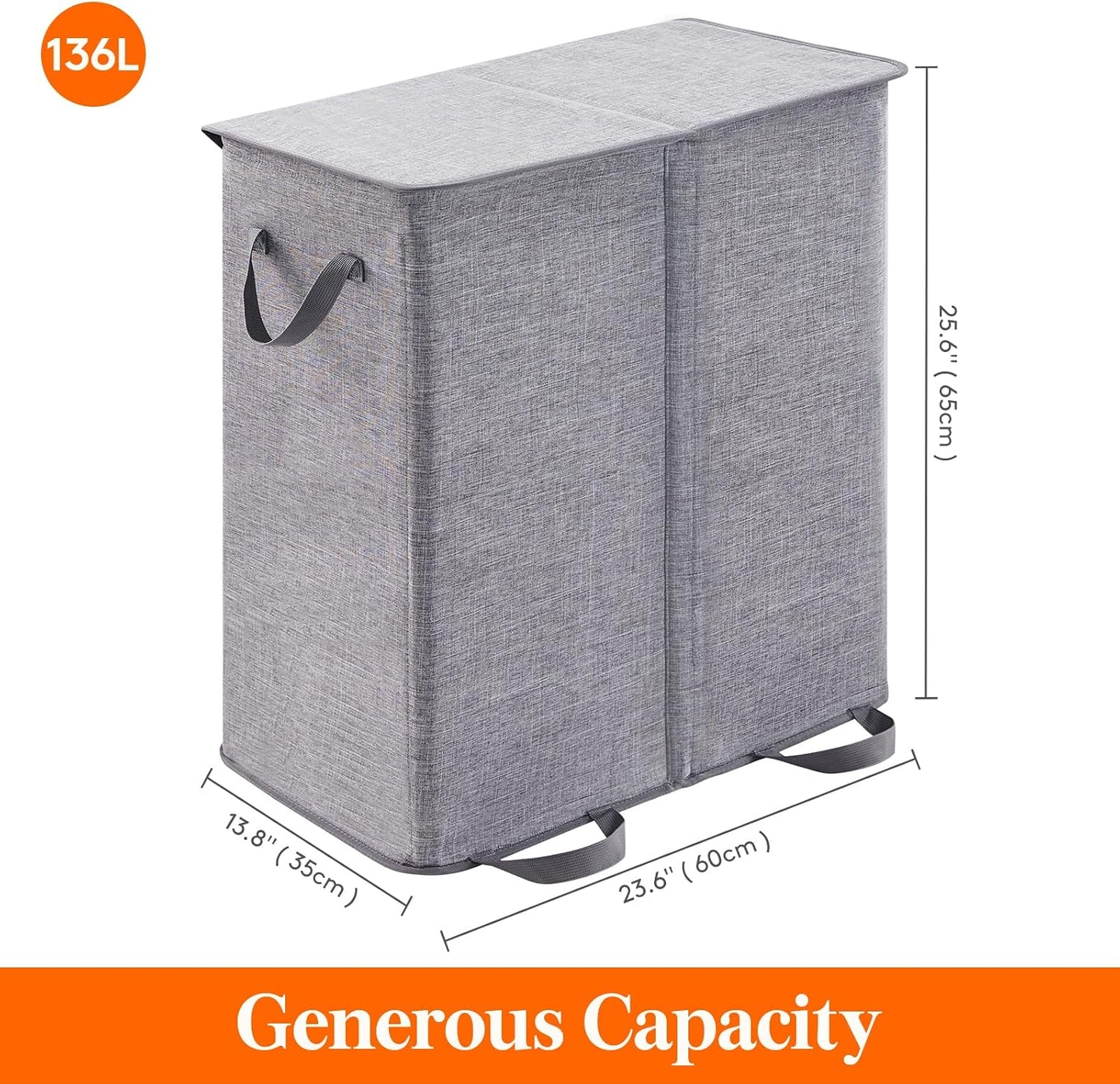 Lifewit Double Laundry Hamper with Lid and Removable Laundry Bags, Large Collapsible 2 Dividers Dirty Clothes Basket with Handles for Bedroom Laundry Room Closet Bathroom College, 136L Beige