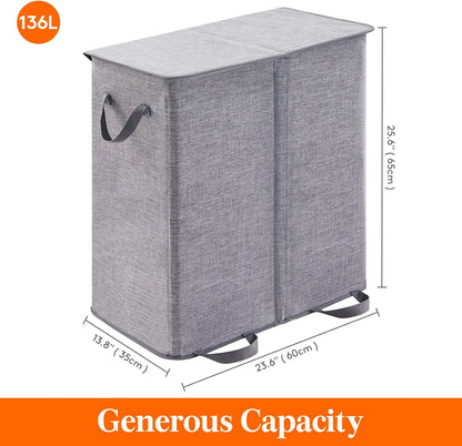 Lifewit Double Laundry Hamper with Lid and Removable Laundry Bags, Large Collapsible 2 Dividers Dirty Clothes Basket with Handles for Bedroom Laundry Room Closet Bathroom College, 136L Beige