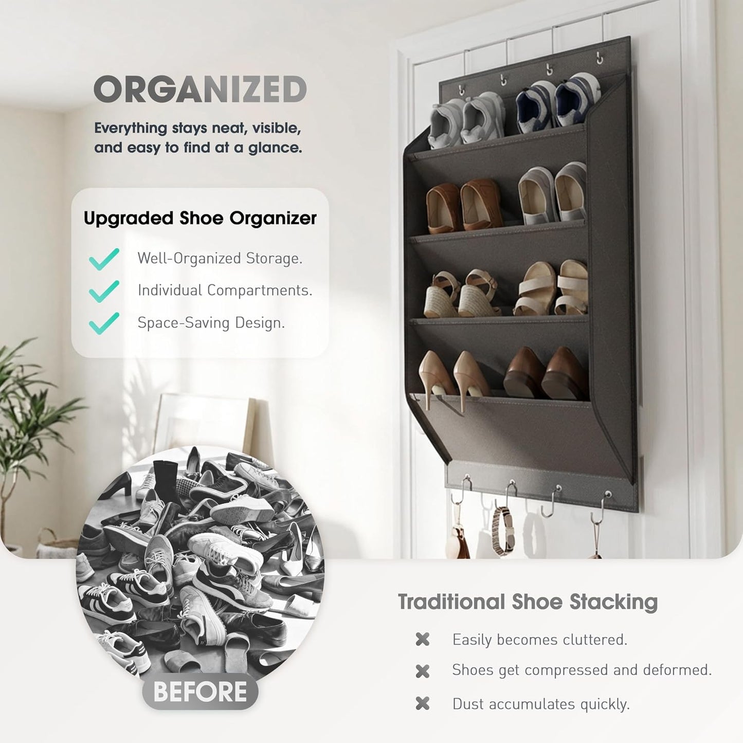 WVM Over the Door Shoe Organizer with 35 Breathable Mesh Pockets, Hanging Shoe Organizer for Door with 4 Metal Hooks, Large Capacity Closet Storage for Shoes, Accessories, Grey