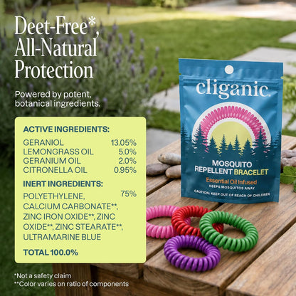 Cliganic 10 Pack Mosquito Repellent Bracelets for Adults & Kids - Natural DEET-Free Bands, Individually Wrapped