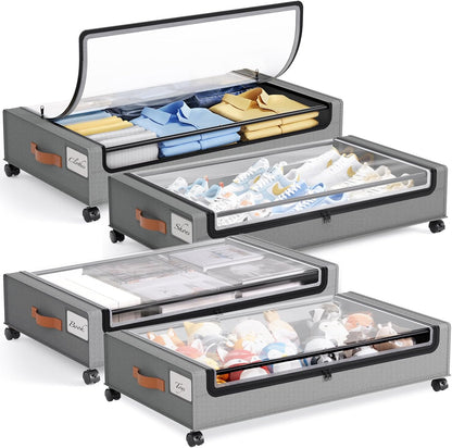 Yecaye Under Bed Storage with Wheels, 2 Pack Under Bed Storage Containers, 60L Underbed Shoe Storage with Clear Window & Label, Rolling Under Bed Metal Drawer for Clothes, Shoes, Books, Blankets