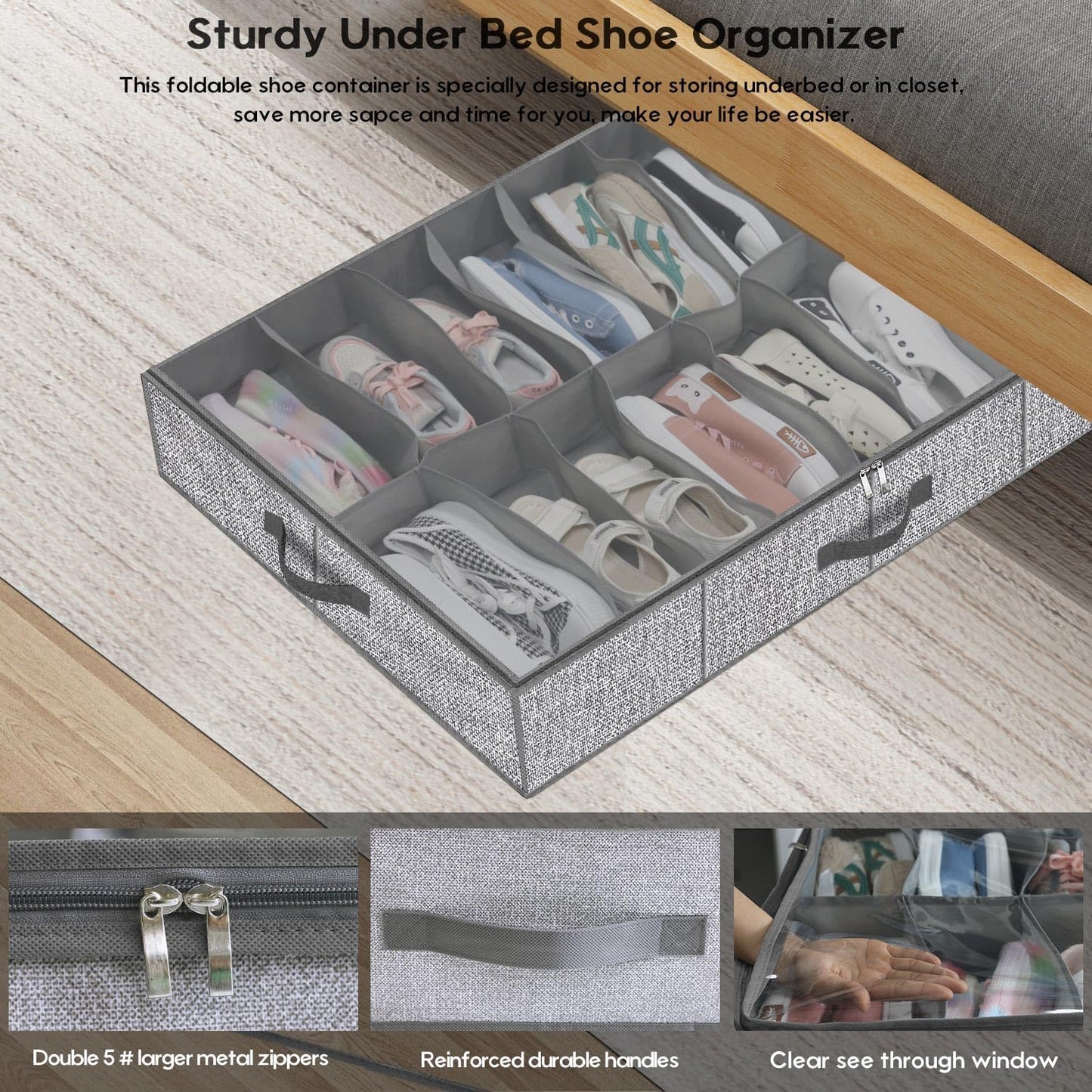 Onlyeasy Sturdy Under Bed Shoe Storage Organizer, Set of 2, Fit 12 to 24 Pairs, Underbed Shoes Closet Storage Solution with Clear Window, Breathable, L29.3 x W23.6 x H5.9, Linen-like Black, MXAUBSB2P