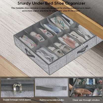 Onlyeasy Sturdy Under Bed Shoe Storage Organizer, Set of 2, Fit 12 to 24 Pairs, Underbed Shoes Closet Storage Solution with Clear Window, Breathable, L29.3 x W23.6 x H5.9, Linen-like Black, MXAUBSB2P