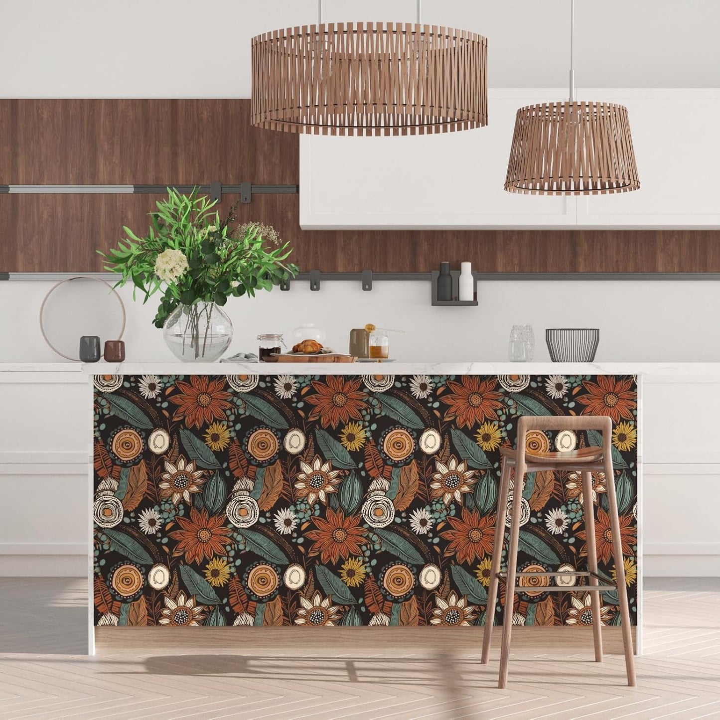 Blue Wallpaper Peel and Stick,Vintage Boho Floral Contact Paper 17.5" x 118", Retro Botanical Flower Wall Paper Self Adhesive Removable Waterproof for Walls Shelves Cabinet Table (Blue,Yellow, Green)