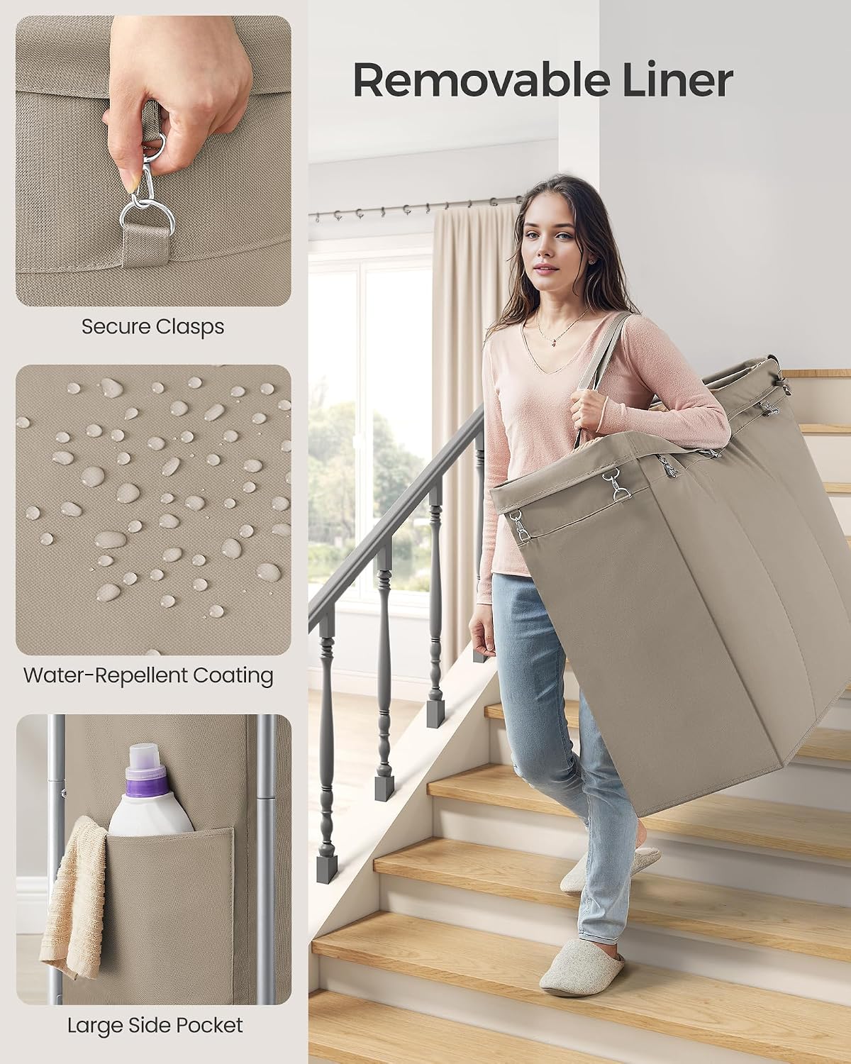 SONGMICS Laundry Basket with Wheels, 3-Section Rolling Laundry Hamper, 52.8 Gallons (200 L), Removable Liner, Steel Frame with Handle, 35.8 x 15.4 x 31.9 Inches, Cream White URLS005W01