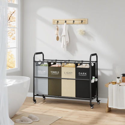 Tajsoon 4 Bag Laundry Sorter Cart, 4 Section Laundry Hamper Sorter with Heavy Duty Lockable Rolling Wheels, Laundry Separator Hamper with Removable Bags for Dirty Clothes Storage, Black