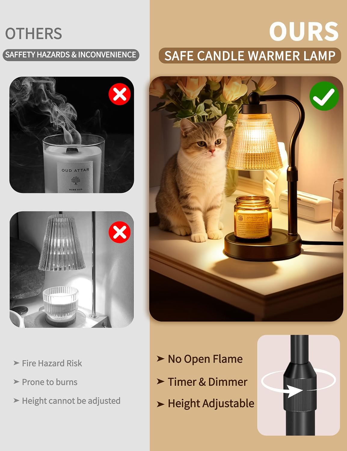 Candle Warmer Lamp for Jar Candles, Height Adjustable & Dimmable with 2/4/8H Timer, 2*50W Halogen Wax Melter Warmer for Home Office Décor, Flameless & Smokeless, Gift for Women Mom, Black-Clear/1 Pack