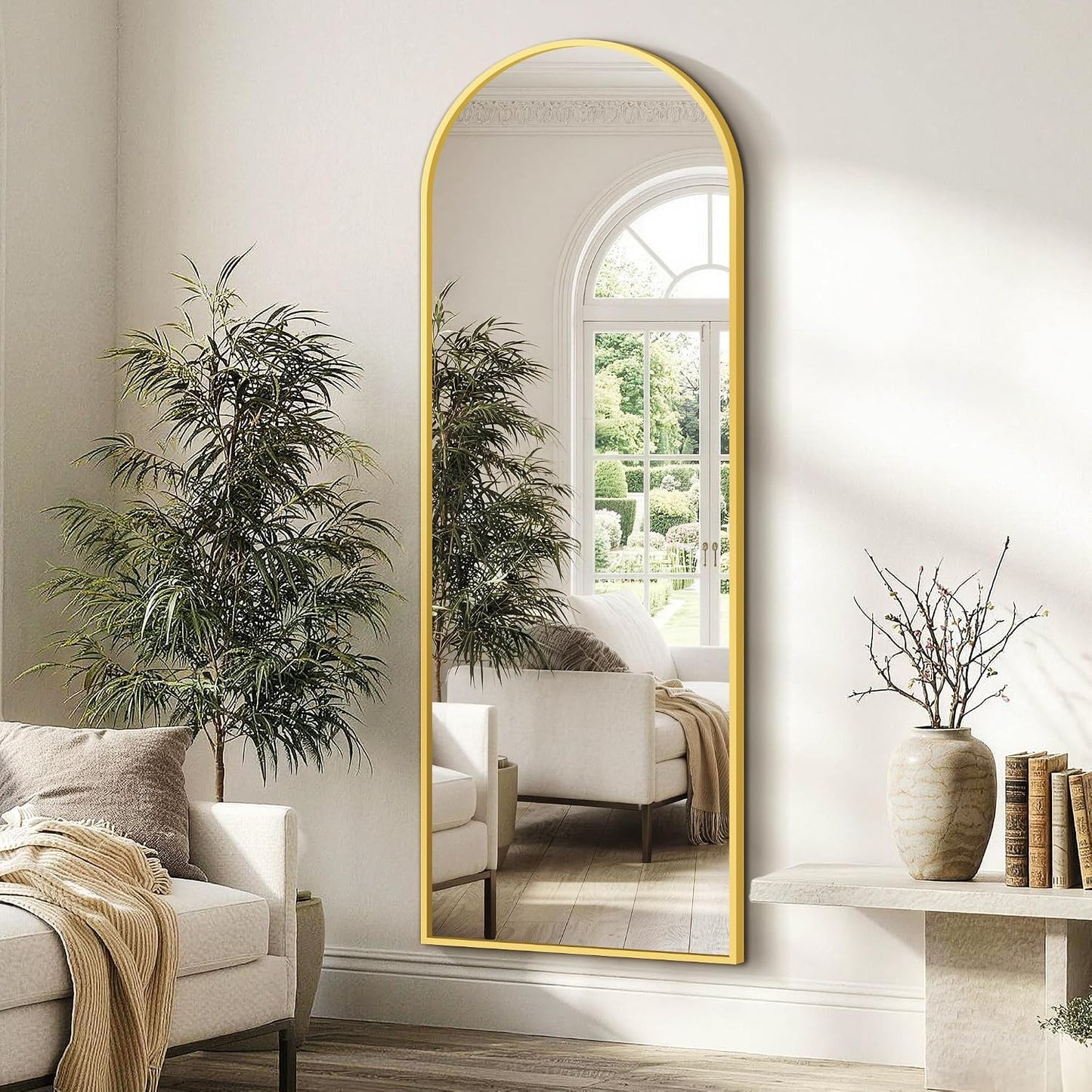 FICTOR Arched Full Length Mirror 15" x 56", Full Body Floor Mirror with Adjustable Stand, Free Standing Mirror with Aluminum Frame for Bedroom, Living Room, Cloakroom, Gold