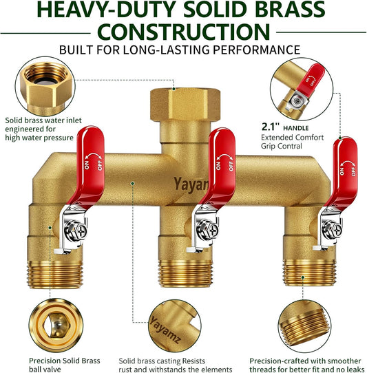 Garden Hose Splitter 3-Way, Heavy Duty Brass Hose Splitter | Outdoor Water Spigot Splitter, Full Flow, Long Handles, Shut-off Valves, Wide Spacing Fit Large Timer