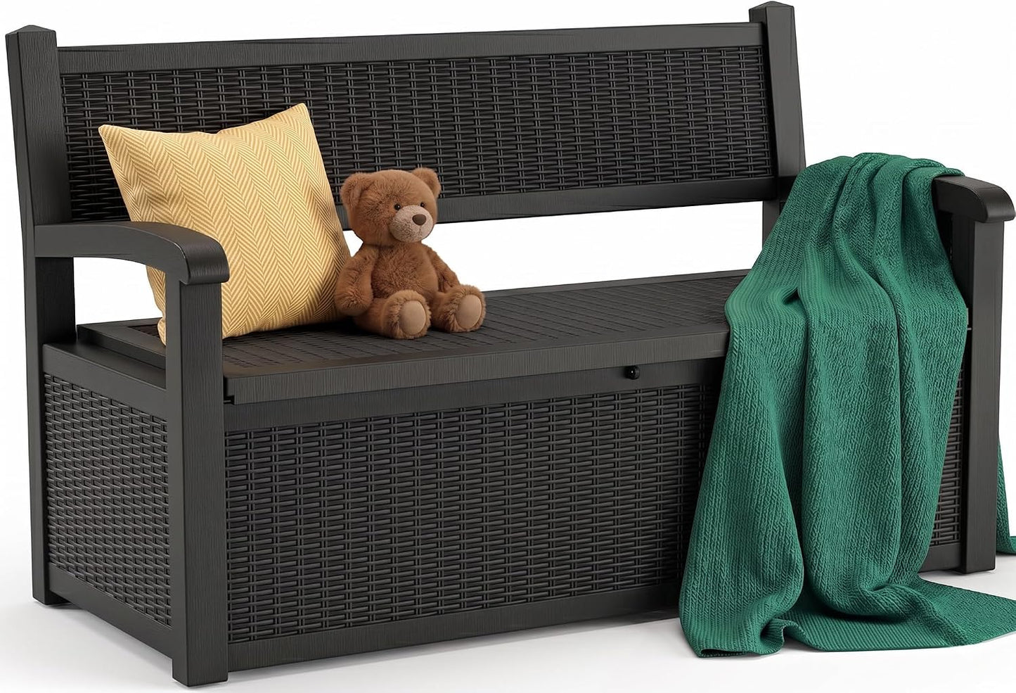 Storage Bench Outdoor Deck Box,100 Gallon Waterproof & UV Resistant Lockable Patio Furniture Seating.Indoor/Outdoor Shoe Storage Cabinet for Garden Cushions,Tools,Patio,Pool Supplies(Black)