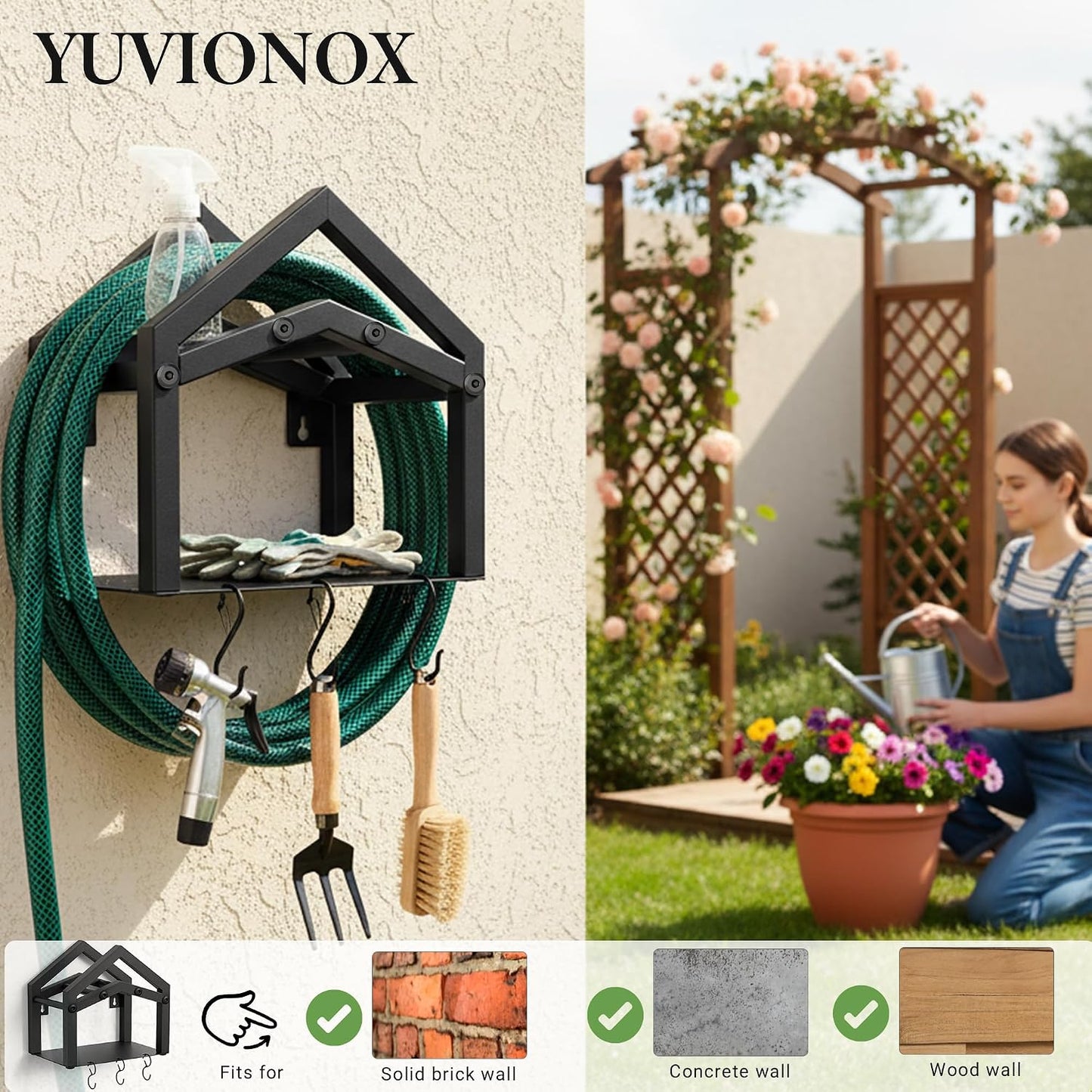 Stainless Steel Garden Hose Holder Wall Mount, Heavy Duty Hose Hanger Wall Mount with Storage Holds Up to 150ft Hose, Black Wall Mounted Hose Holder for Outside Garden, Garage, Anti-Rust