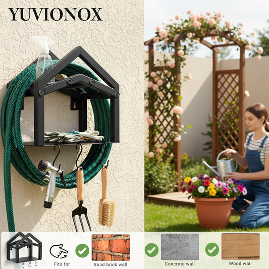 Stainless Steel Garden Hose Holder Wall Mount, Heavy Duty Hose Hanger Wall Mount with Storage Holds Up to 150ft Hose, Black Wall Mounted Hose Holder for Outside Garden, Garage, Anti-Rust