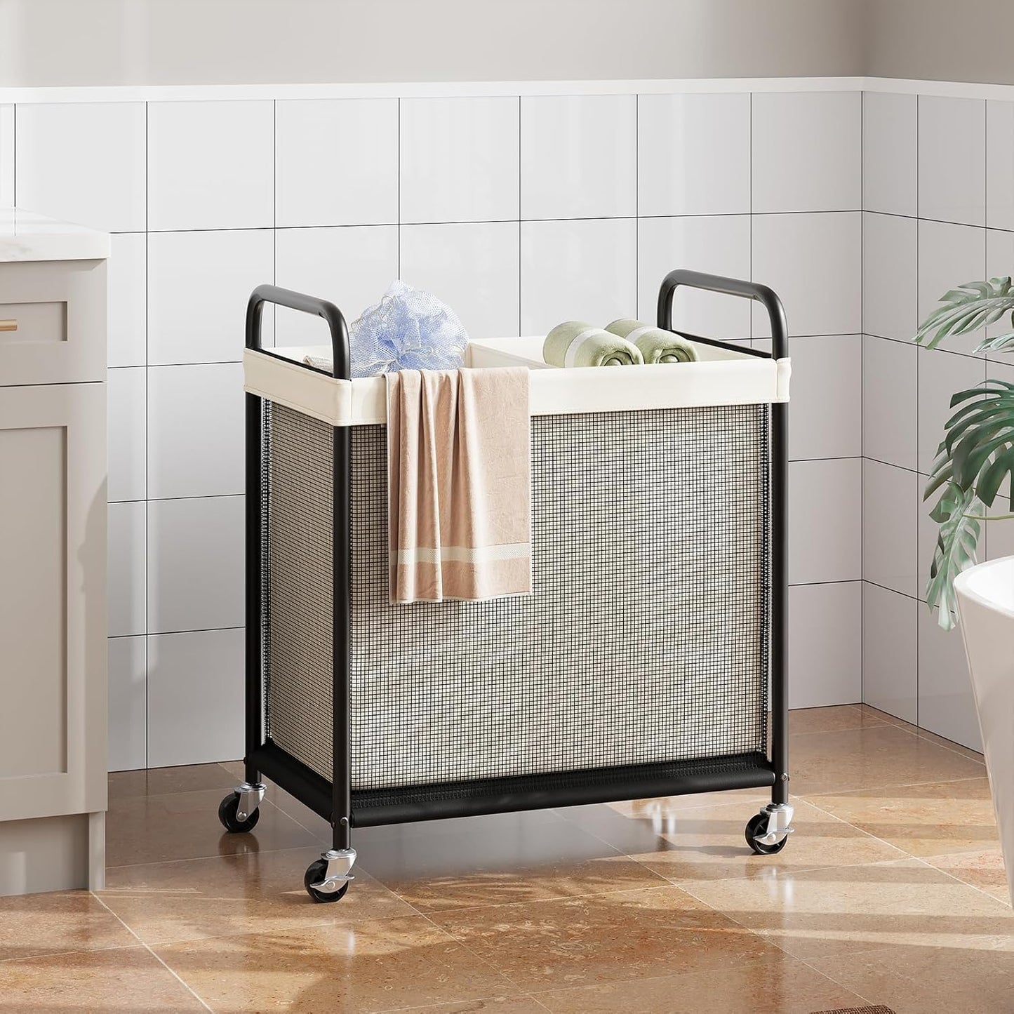 ELYKEN Laundry Hamper 3 Section, 120L Rolling Laundry Sorter with Removable Liner Bag, Laundry Basket with Wheels, Steel Frame with Metal Handle, Clothes Hamper Cart for Laundry Room & Bedroom