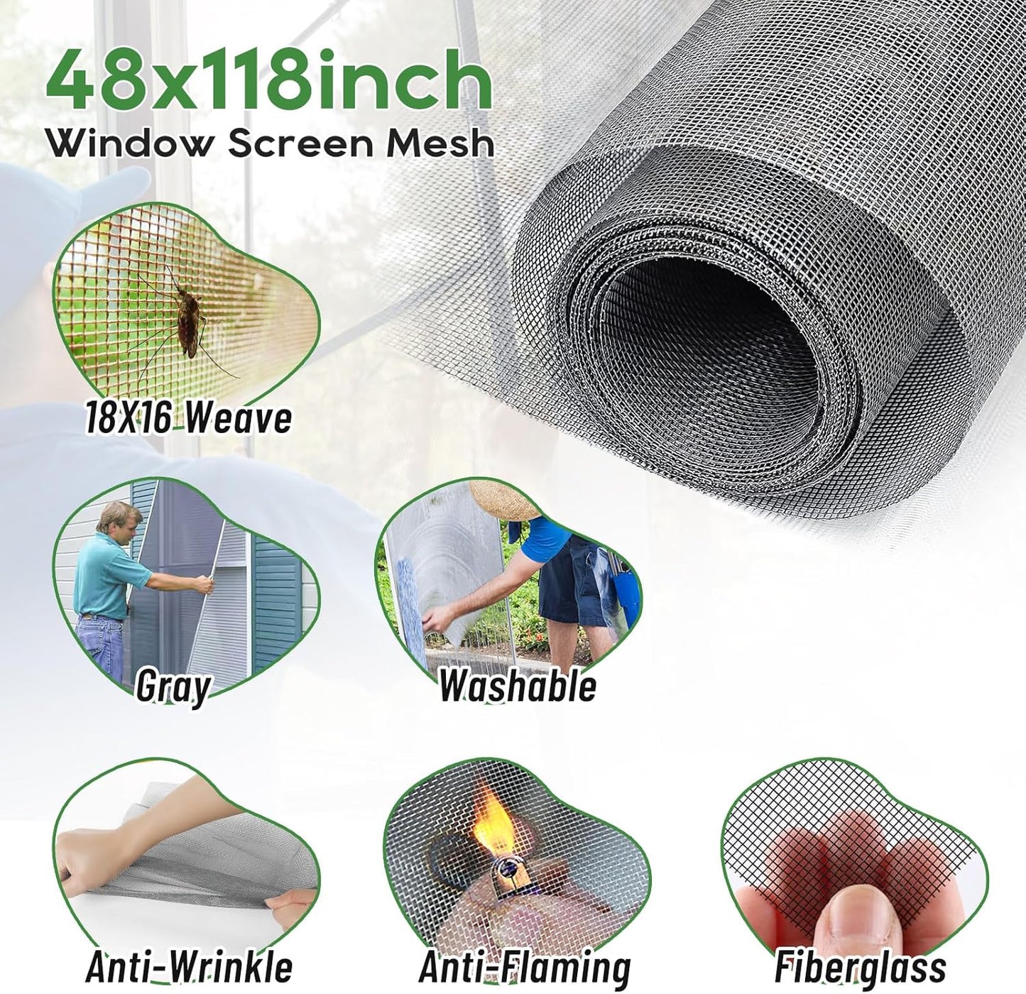 King&Charles Window Screen Door Repair/Replacement Kit, Include Black Screen Mesh 48"x118"+ 2 Roller+50Ft Spline+8Clips+Hook, 6 in 1 Window Mesh Kit, Steel/Nylon Bearing Roller