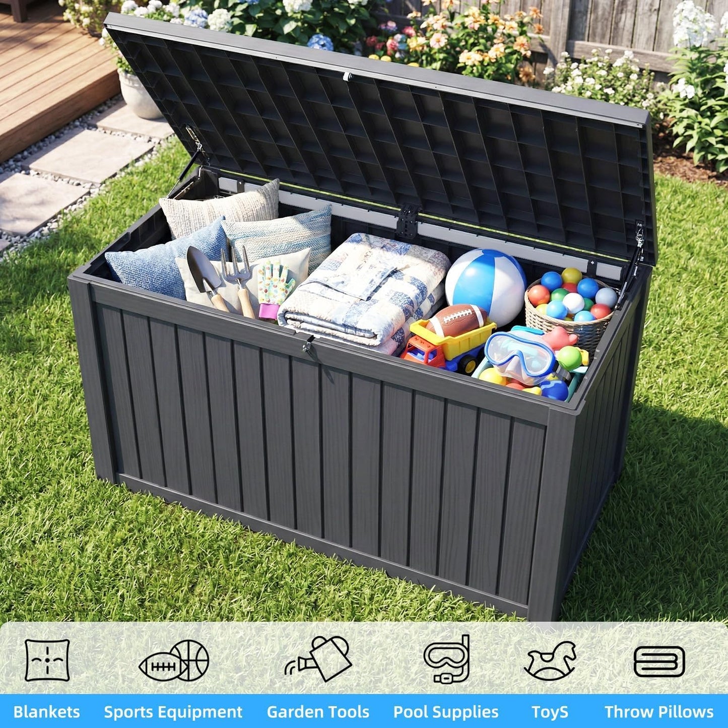 200 Gallon Deck Box, Resin Outdoor Waterproof Storage Box, Lockable Storage Box With Handle for Patio Furniture - Garden Tools - Swimming Pool Tools UV Resistant, Black