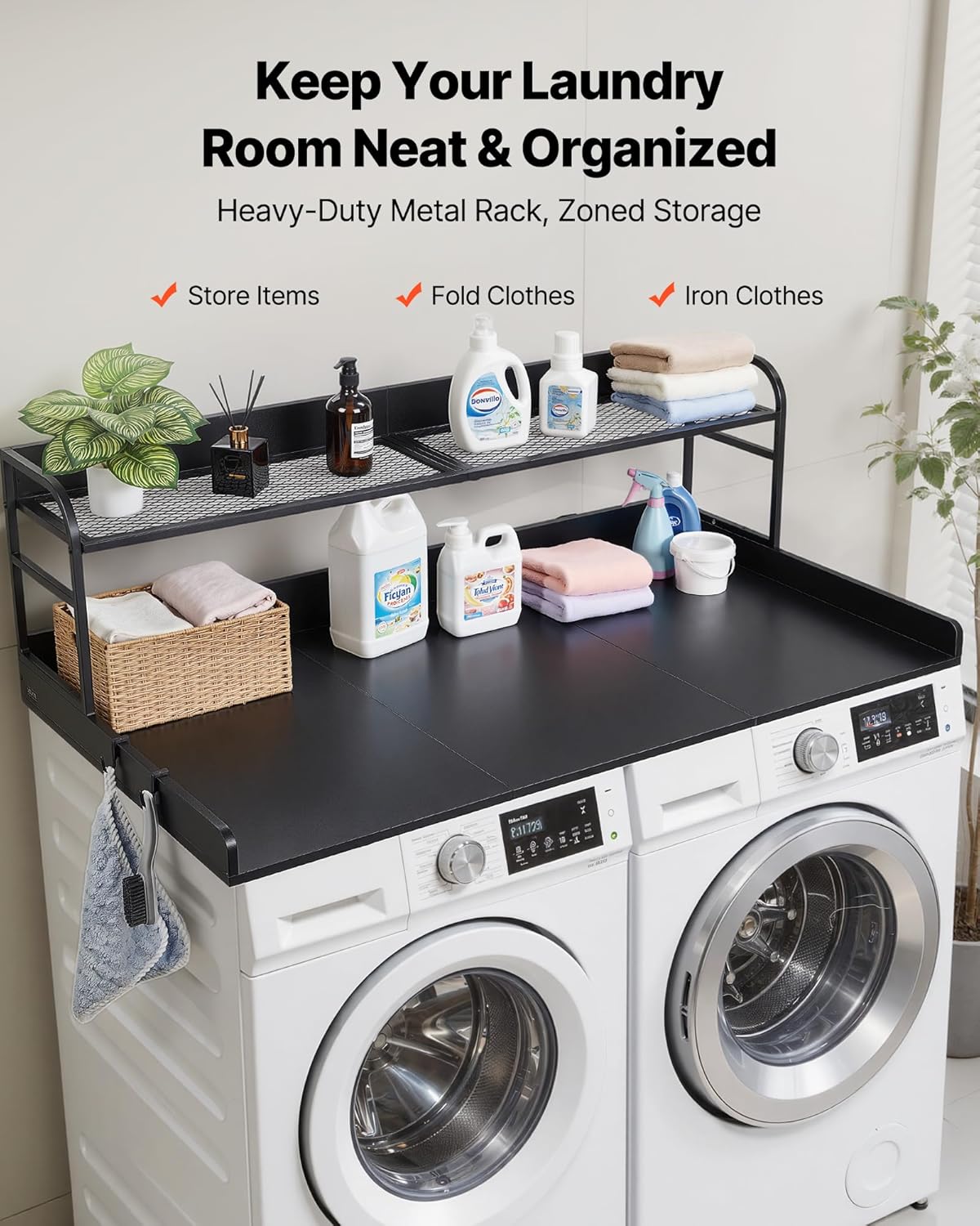 VEVOR Washer Dryer Countertop with 2-Tier Shelf, 54" x 27" Wooden Washer and Dryer Countertop with Anti-Slip Pads, Water-Resistant Laundry Topper Cover for Laundry Room Organization and Storage, Black